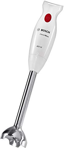Bosch Stabmixer CleverMixx MSM24500, Edelstahl-Mixfuß, Mix- und Messbecher, Schneebesen, leichtes Gehäuse, 4-Klingen-Messer, einfache Reinigung, 400 W, weiß/rot