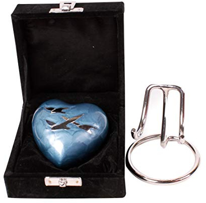 UrnsWithLove Kleine Herz-Urne für Asche mit verbessertem Deckel, kleine Fliegende Vögel, Herz-Gedenkurne mit Box und Ständer (Blaue Vögel)