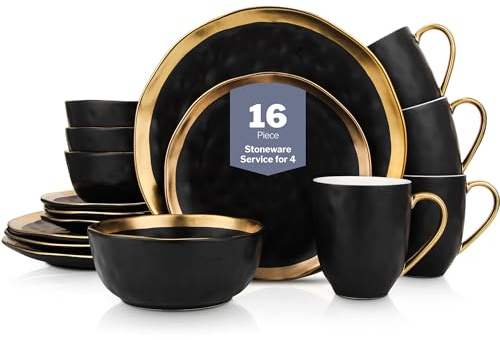 Stone Lain Florian Modern Porcelain 16 Piece Dinnerware Set, Plates and Bowls Set, Dish set for 4, Black And Golden Rim