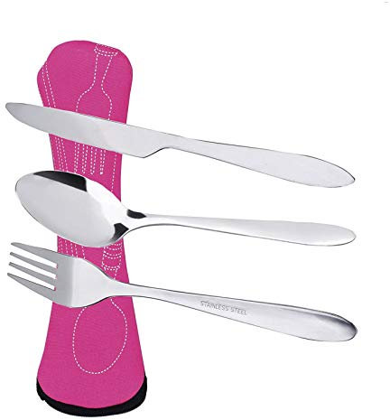 Prettyui Silverware Cutlery Set Stainless Steel with Organizer Bag Travel Camping Flatware Dinnerware Tableware Kit with Storage Lunch Box for Picnic School Knife Fork Spoon Set Rose Case（3 Pack）