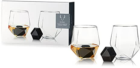 Viski 9047 4-Piece Faceted Tumbler & Hexagonal Basalt Stone Set Crystal Glasses with Set of 2 Whiskey Rocks for Bourbon, Rum, Scotch Lovers, Clear