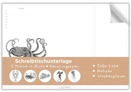 Ligarti Schreibtischunterlage Papier (100% nachhaltig) A3+ Wochenplaner Block mit To Do Liste und wechselnden Motiven - Weekly Planner undatiert, Schreibtisch Unterlage - Meerestiere