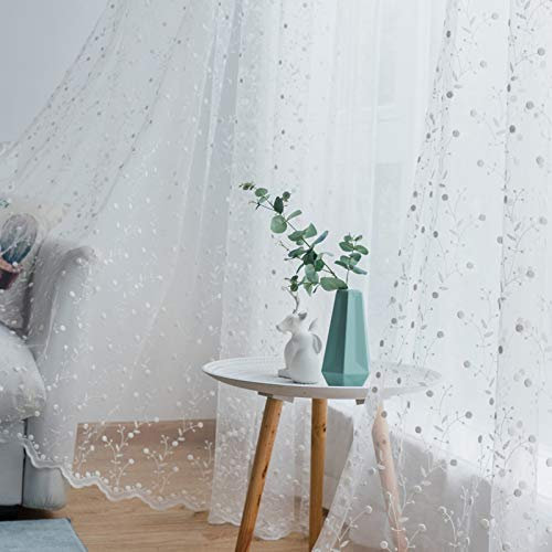 Bestickt Bay-Fenster Tüll Vorhang,Modernen Voile Spitze Vorhang,Gardine Lichtfilterung Für Wohnzimmer Haken Oben-Weiß. 150x270cm(59x106inch)