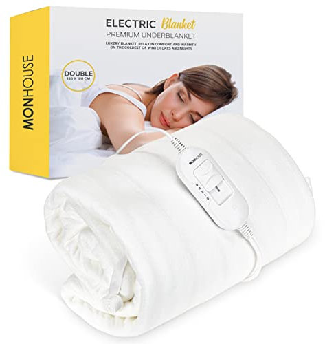 MONHOUSE Premium Soft Fleece Electric Blanket - Heated Under Blanket - Heated Mattress Cover - Detachable Controller & Machine Washable - 3 Heat Settings - Double 120x135cm - White