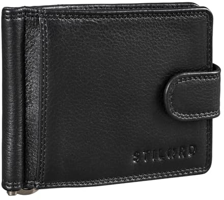STILORD Lino Leder Geldbörse mit Geldklammer und Münzfach Kleines Herren Portemonnaie mit Druckknopf Vintage Brieftasche Slim Wallet mit RFID Schutz Farbe:schwarz