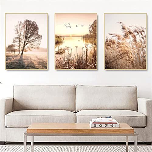 SWECOMZE 3er Set Premium Poster Set, See Gras Beige Pampas Bilder, Moderne Wandbilder für Wohnzimmer und Schlafzimmer - ohne Bilderrahmen (C,50x70cm)