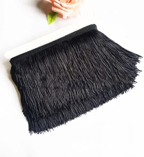 CENPEK 10 Yardas de 6 Pulgadas con Flecos de Encaje con Borla Blanca y Flecos para Vestido de Baile Latino, decoración de lámpara y Almohada - Negro