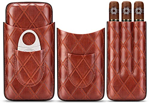 CIGARLOONG Zigarrenetui Leder Zigarre Reise Humidor Halten 3 Röhren mit Zigarrenschneider(Farbe:Braun)