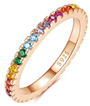 Emmie Jewelry Eternity Ring 925 Silber mit Bunte Zirkonia Steine | Damenring mit Regenbogen-Steinen rundherum | Rainbow Ringe für Damen, Frauen Schmuc