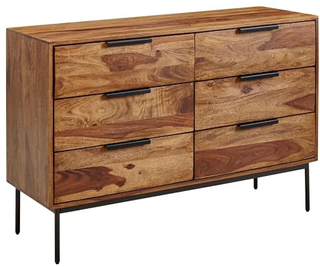 Massivholz Schubladenkommode FineBuy 120cm Sheesham Natur Kommode mit 6 Schubladen Sideboard Metall schwarz Braun