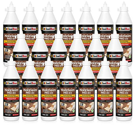 Isolbau Holzleim PRO-D3-20 x 750 ml (860 g) Extra starker Holzkleber für alle Holzarten, für Innen & Außen, Wasserfest, Lösemittelfrei