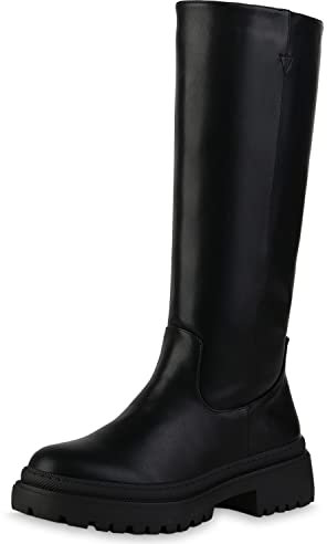 VAN HILL Damen Leicht Gefütterte Plateaustiefel Stiefel Blockabsatz Schuhe Profilsohle Plateauschuhe Freizeit Plateau Vorne Boots 208849 Schwarz 39