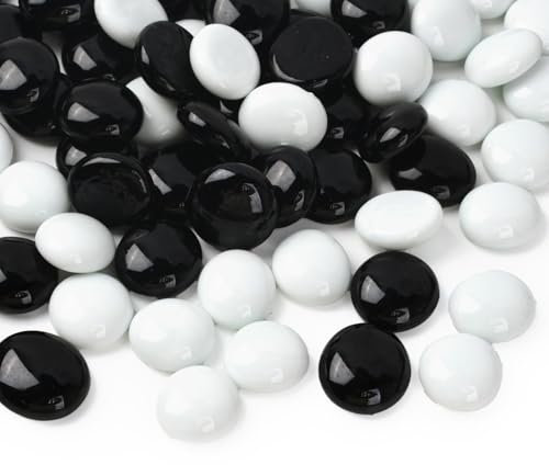 HUIANER Round Glass Pebbles 1LB/454g, Flat Stone Marbles Table Scatter Gems for Vase Filler Aquarium Decor Garden Decoration (Black and White)