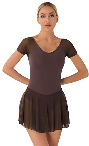 iEFiEL Damen Ballettkleid Kurzarm Ballettanzug Patchwork Ballettkleidung Basic Tanzkleid Rückenfrei Ballett Trikot Wickelrock Kaffee S