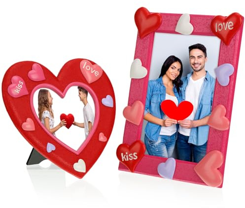 Eersida 2 Pcs 3D Embossed Heart Shaped Picture Frame Red Pink Heart Shaped Photo Frame Resin Decorative Picture Frames for Wedding Lover Romantic Gifts Home Decor