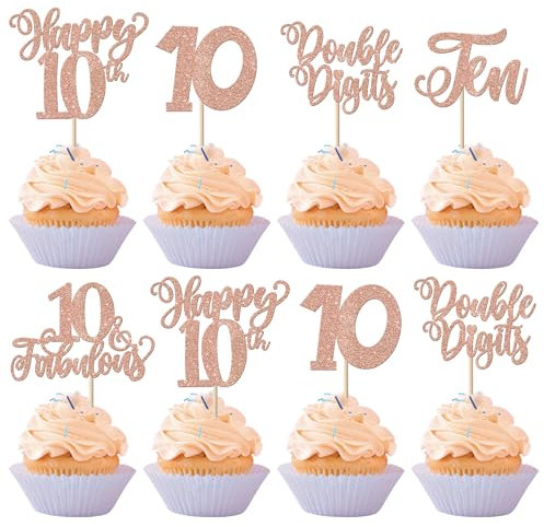 SYKYCTCY 30 Pack Happy 10th Birthday Cupcake Toppers Ten Double Dights Cupcake Picks 10 Fabulous Cupcake Decorations for 10th Birthday Anniversary Party Supplies Rosegold