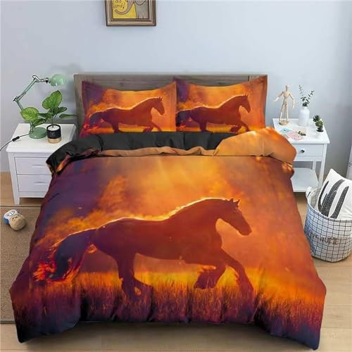 Bettwäsche 200x200 Pferd Bettwäsche Set 3D Bedruckte Bettbezug Set mit ReißVerschluss, Weich Flauschige Hypoallergen Bettbezug + 2 Kissenbezug