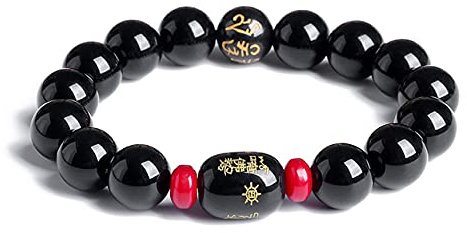 Feng Shui Armband, Feng Shui Svart Obsidian Armband, Sex Tecken Mantra Svart Armband Naturlig Svart Obsidian Bead Ward-Off Evil Spirits Talisman Prosperity,12mm