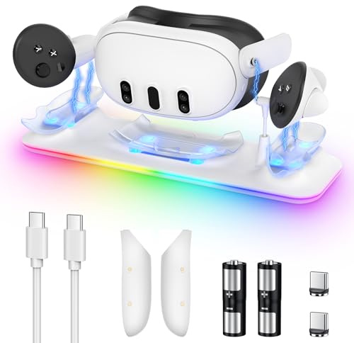 Charging Dock for Meta Quest 3S/3, YUANHOT Fast Charging Station with Color RGB Light for Oculus Quest 3S/3 Accessories, Magnetic Charger Stand for Headset/Controller with 2 Rechargeable Batteries