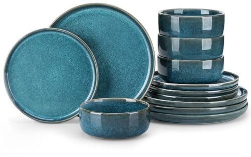 vancasso Set di piatti da 12 Pezzi per 4 Persone, Servizio di Piatti in Gres, Servizio da Tavola con 4 Piatti Piani (26 cm), 4 Piatti da Dessert (21 cm) e 4 Ciotole Cereali (680 ml), Blu, Serie VEGA