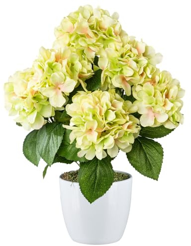CREATIV Green Künstliche Grün-Rosa Hortensie 52 cm im Weißen Keramiktopf, Naturgetreue mit 7 Grünen Blüten für Innen, Hochwertige Dekopflanze