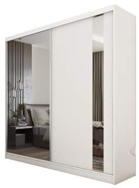 Margaret Hadas24 Kleiderschrank Gabo mit Spiegel, Organizer, Mehrzweckschrank, Schwebetürenschrank, Garderobenschrank, Kleiderstange, Kleiderständer, Flurschrank, Garderobe, Schrank, weiß, 200 cm