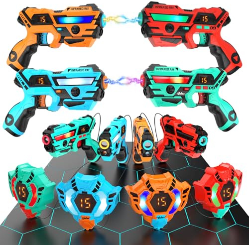 VATOS Real-time Data SYNC Laser Tag Set - Infrared Laser Tag Sets of 4 Guns 4 Vests, Multi Player Lazer Tag Shooting Game for Kid Teen Age 6-12 yd Indoor & Outdoor Play