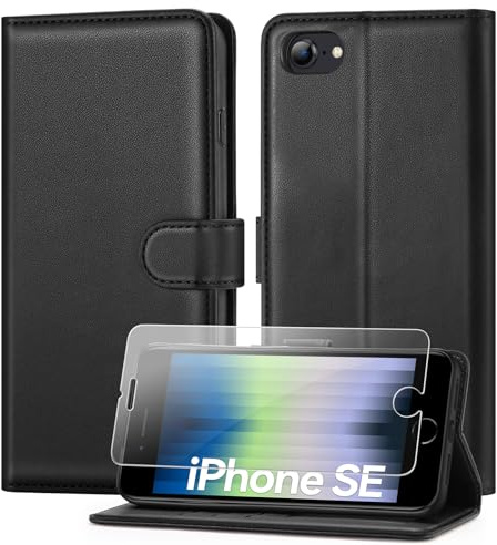ivencase Handyhülle Kompatibel mit iPhone SE 2022/2020 Hülle und Schutzfolie, iPhone 8/7 PU Schutzhülle [RFID-Blockierung] [Kartenfach] [Magnetverschluss] [Standfunktion] Flip Wallet Case, Schwar