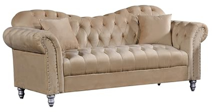 Generico Divano Chesterfield Italiano in Velluto Beige 3 Posti – Elegante, Confortevole e Design Moderno per Salotto