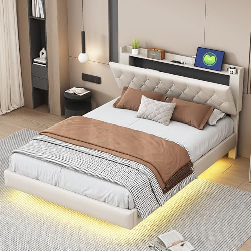 Zravenna Polsterbett 140x200 mit Lattenrost, Aufhängung Bettgestell Metall, Bett Kopfteil mit Stauraum, Tragfähigkeit 250 kg, Ohne Matratze, Beige