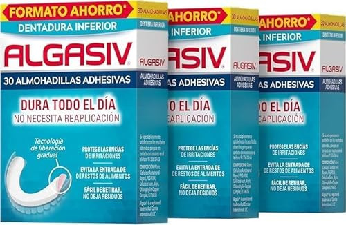 Algasiv Almohadillas Adhesivas Para Dentaduras Postizas Inferiores, Pack de 3 x 30 Unidades. Duran todo el día y protegen las encías.