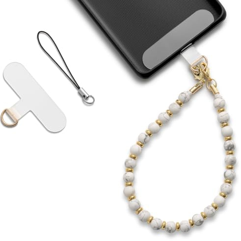 Handykette Perlen Handschlaufe Handgelenk Handy Anhänger Weiß-Türkis | 30,5 cm Perlenkette mit Patch, kompatibel mit Hartschalen-Handyhüllen, als Handy Charm oder Schlüsselband