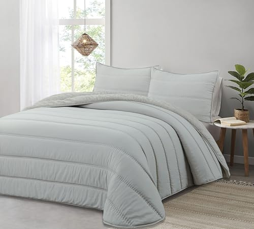 Liniva Home Comforter De Microfibra con Reverso de Borreguito. Edredón 100% Microfibra Tacto Extra Suave - Modelo Eliana - Incluye Funda de Cojín. (Gris, Cama 150 cm)