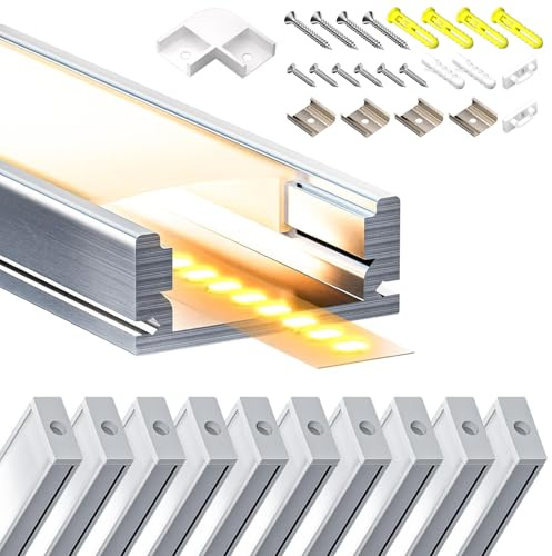 LASLUX LED Aluminium Profil 10 x 2m(20m) Aluminium Oberflächenprofil für LED Streifen bis 12 mm Breite mit milchweißer PC Abdeckung und Zubehörset(SP26)