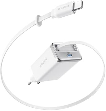 Anker Nano 35W USB C Ladegerät, kompaktes 2 Anschlüsse, InstaCord Kabel | 2-Port Netzteil mit integriertem, ausziehbarem Kabel für iPhone 17/16/15 Serie, iPad