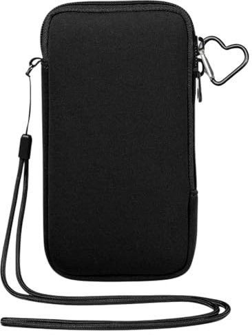 MYGLOAR Custodia per telefono in neoprene, custodia per telefono con laccio da collo, custodia universale per telefoni sotto i 6,5 pollici, nera, con moschettone, portachiavi