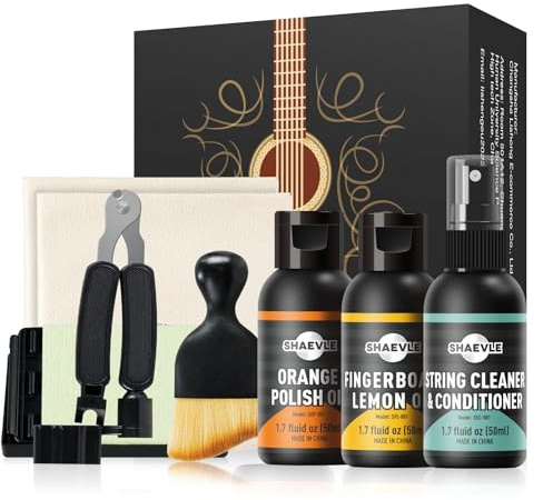 Kit di pulizia per chitarra acustica ed elettrica: olio lucidante all'arancia, olio al limone per tastiera, detergente per corde, avvolgitore per corde per chitarra, per la manutenzione della chitarra