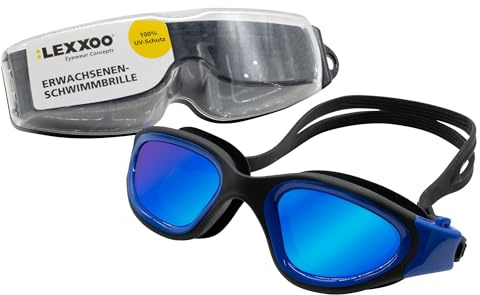 LEXXOO Schwimmbrille mit polarisierender Beschichtung und UV-Schutz - wasserdichte Anti-Beschlag Schwimmbrille für Herren und Damen, mit Druckknopf-System und großem Sichtfeld (Dunkelblau/Schwarz)