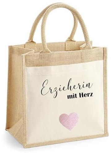 minimutz Geschenk Dankeschön Erzieherin mit Herz, Personalisiert mit Name, Tasche Baumwolle mit Name, Kleine Geschenktasche Abschied Kita Kindergarten Abschiedsgeschenk