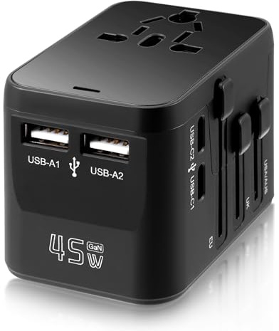 45W GaN Reiseadapter Weltweit mit 2USB A und 2 USB C, All in One Schnellladegerät, Universal Reisestecker Adapter Weltweit Mehrfachsteckdose Travel Adapter für EU USA UK Japan Thailand Australien