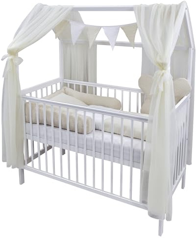 Generisch Baby Delux Babybett Komplett Set Hausbett 60x120 cm weiß Rausfallschutz Kinderbett Matratze Bettwäsche Deko Set (Chiffonhimmel, Beige Musselin Waffelpique)