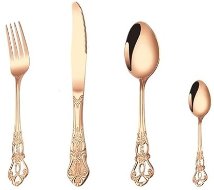 YNIYUJKL Silverware Flatware Set, 4/16/24/32/40/48 Pieces Stainless Steel Royal Tableware Knife And Fork Spoon Set Hotel Home Retro Relief Tableware Steak Knife And Fork,Rose Gold-32 Pieces for 8