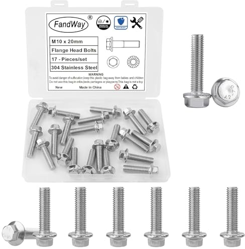 FandWay 17 Stück M10x20mm Sechskantschrauben,Flanschschrauben Edelstahl A2 V2A,Strukturschrauben, Außensechskan,Vollgewinde, Gewindesteigung 1,5 mm, für Auto und Motorradreparatur.