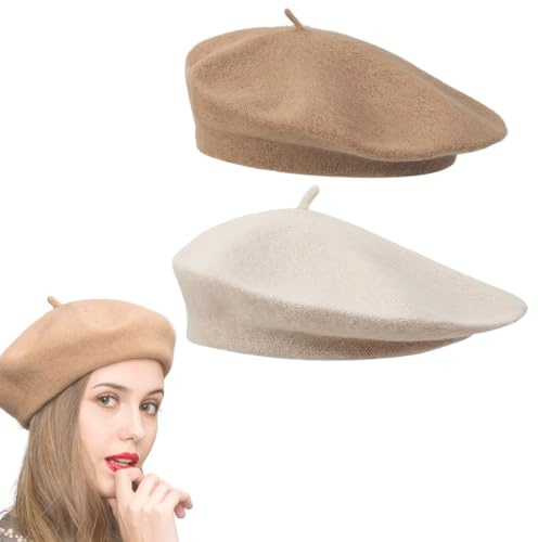 JYNXOR 2 Stück Baskenmütze Klassisch Plain Französischer Stil Barett, Damen Baskenmütze, Barett, Damenmütze, Klassishe Künstler Barrett, Wintermütze Barett, Einheitsgröße (Beige, Braun)