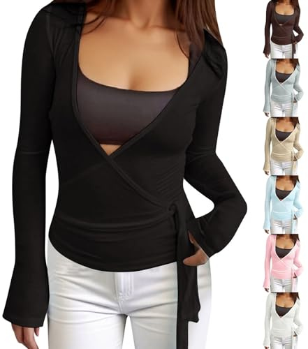 Damen Y2k Ballett Wickel Top Schwarz Langärmelig Tiefer V-Ausschnitt Schmale Passform Yoga Pilates Workout Bandage Weiches Shirt Einfarbig Blusen Tanzbekleidung Dancewear XS,S,M,L