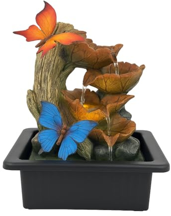 Autumn Flutters Water Fountain – 25cm Indoor Tabletop Feature with Colourful Butterflies, Cascading Water & LED Light – USB Powered Relaxation Ornament for Home, Office, Meditation Room