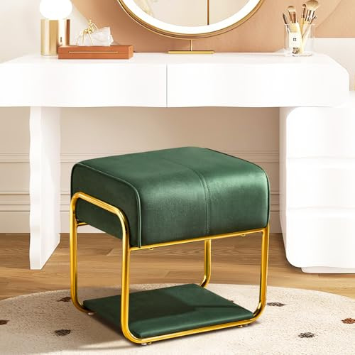 Hellove Schminktisch Hocker mit Gold Metallbeinen, Sitzhocker Quadrat Modern Schminktisch Stuhl Samt, Schminkhocker Polsterhocker Vanity Stool für Ankleidezimmer, Make Up,Wohnzimmer, 135KG, Grün