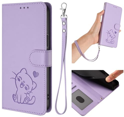 BEENTRYS Cuero PU Funda para Moto G22 4G / E32S / E22S 4G Funda,Carino Gato y Corazón Cartera con Tapa Ranuras para Tarjetas Bolsillo Soporte Flip Case Antigolpes Carcasa-Moradoclaro
