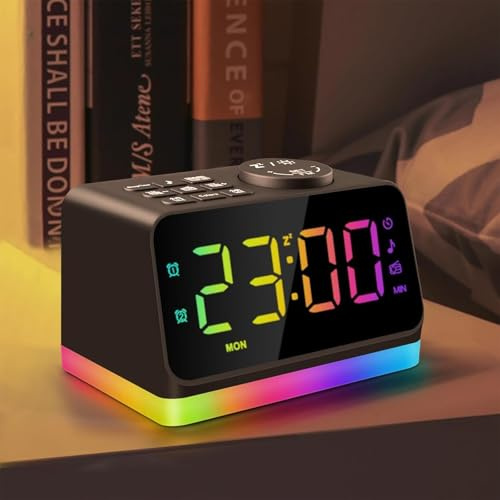 Digitaler Radiowecker für das Schlafzimmer – 8-farbiges Nachtlicht (0-100% dimmbar), Doppelalarm mit 7 Wecktönen, flexibler Schlaf-Timer (10-480 Min), 2 USB-Ladeanschlüsse, zuverlässiger Netzbetrieb