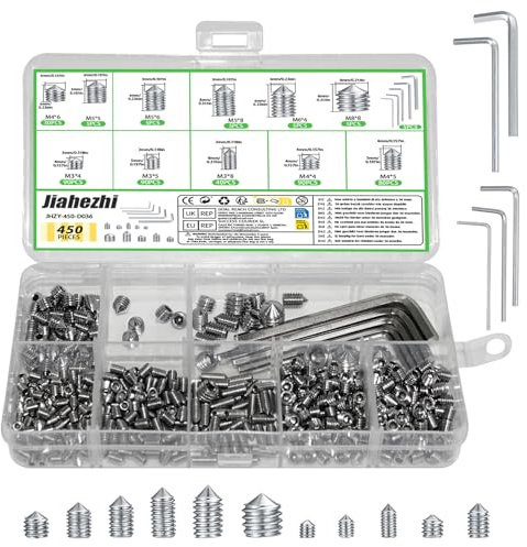 450 Pcs Assorted Grub Screws Set - M3/M4/M5/M6/M8 Sizes, 304 Stainless Steel with Cone Point & Hex Head for Door Handles & Home Repairs